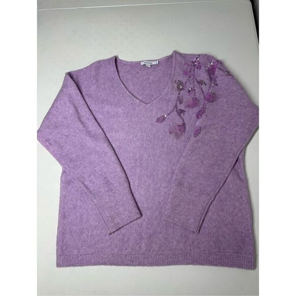 Chico’s Women’s Bohemian Sequin Purple V-Neck  Sweater Size 1/M Wool Blend - Picture 7 of 14